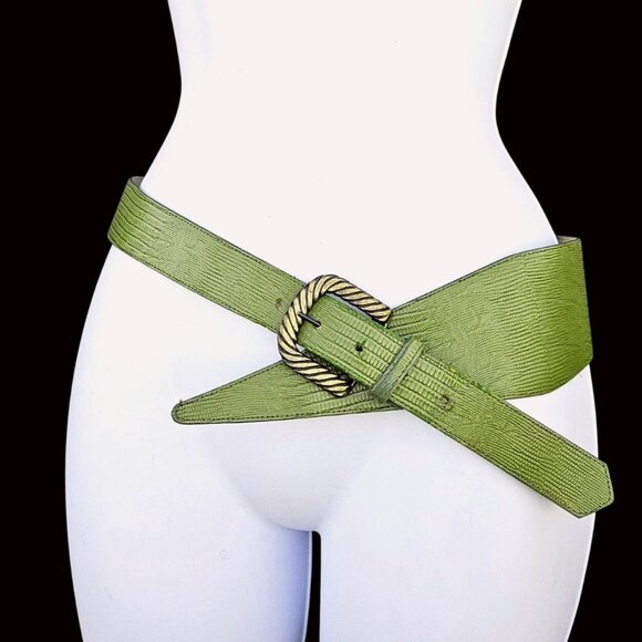 Vintage Avocado Green Leather Statement Belt Brass Buckle USA 27–31 Small - Picture 13 of 13
